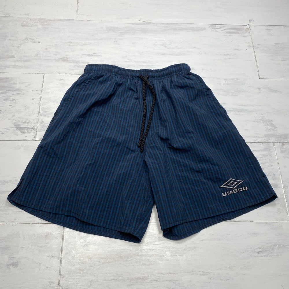 Umbro Nylon Soccer Shorts Mens Medium Blue Black Check Vintage 90s Made in USA